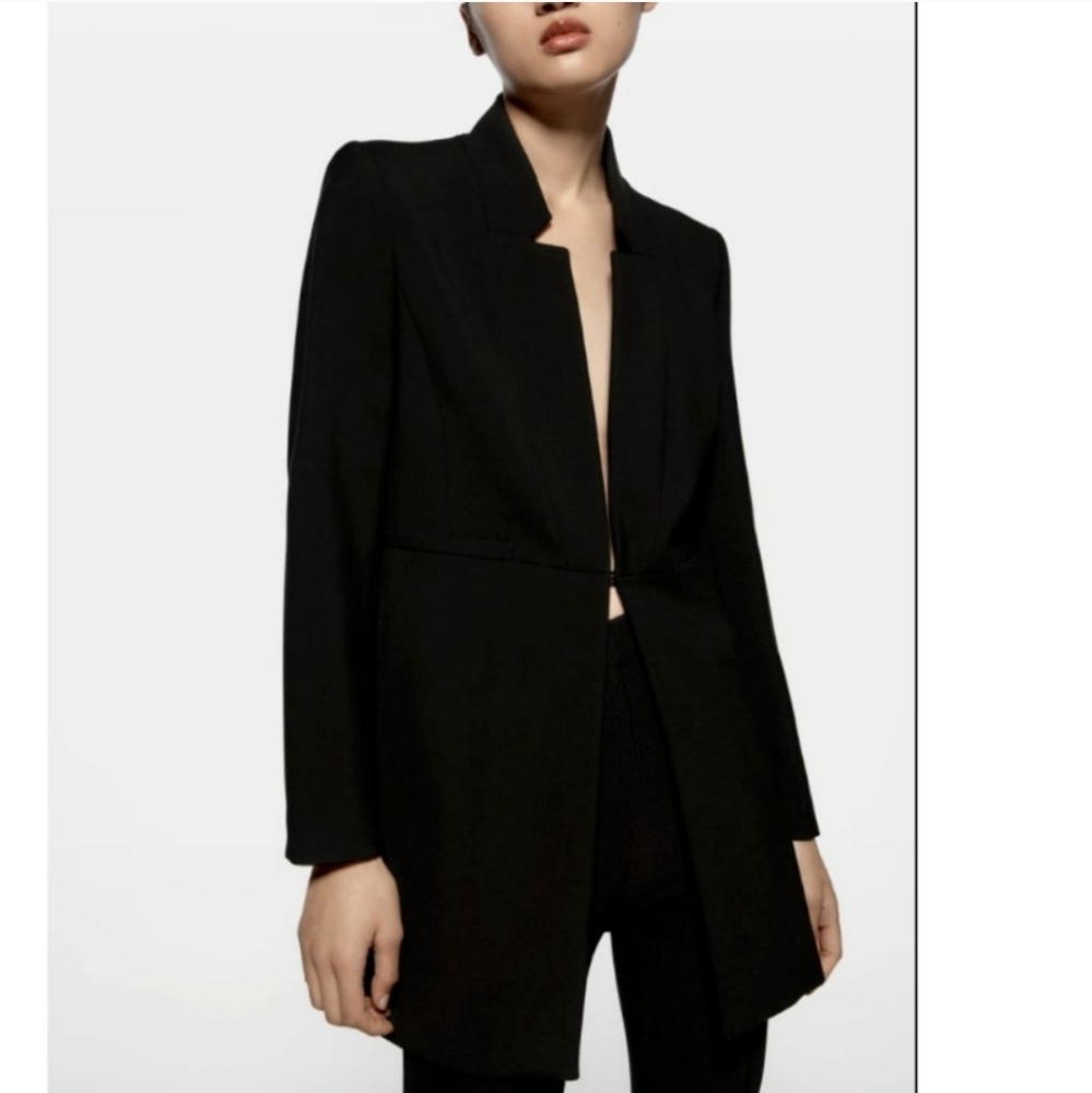 NWT ZARA WOMEN INVERTED LAPEL FROCK COAT LONG BLAZER BLACK Size S - Picture 3 of 16
